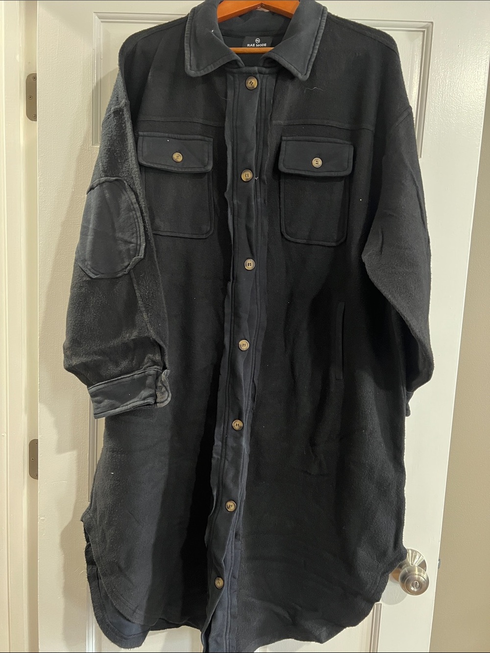 Rae Mode Black Longline Shirt Jacket with Chest Pockets and Elbow Patches